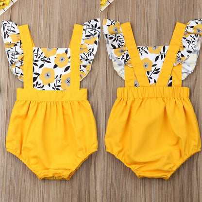 Summer Newborn Baby Girl Clothes Fly Sleeve Sunflower Print Romper Jumpsuit One-Piece Outfit  For Girls
