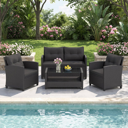 4 Pieces Patio Rattan Conversation Furniture Set with Glass Top Coffee Table-Gray