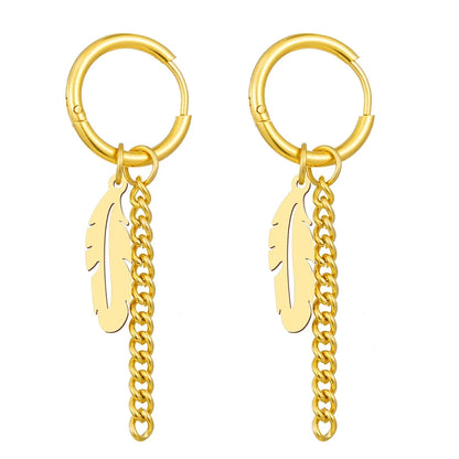 Stainless Steel Earrings Fashion Unisex Punk Gothic Feather Chain Hip Hop Pendants Gold Color Earrings For Women Jewelry Gifts