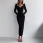 Slim V Neck Long Sleeve Mid Calf Pencil Dress 2022 Casual Office Lady Solid Red Puff Sleeve