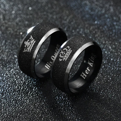 Her King and His Queen Letter Couple Rings For Women Men Crown Black 8MM Stainless Steel Matte Ring Lovers Wedding Jewelry