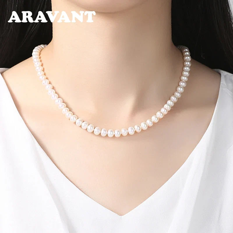 Aravant 925 Silver 8MM Freshwater Pearl Necklace Chain For Women Fashion Jewelry