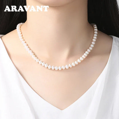 Aravant 925 Silver 8MM Freshwater Pearl Necklace Chain For Women Fashion Jewelry