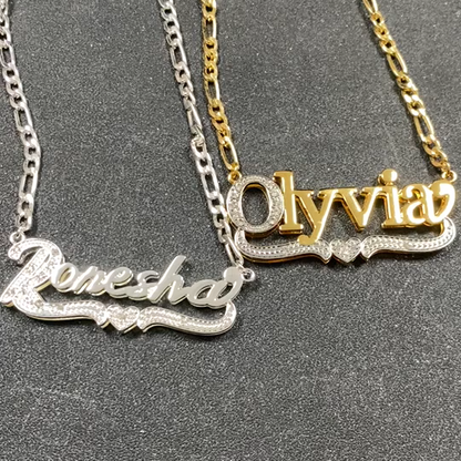 3D Name Necklace Custom Two Color Stainless Steel Double Layer Under Heart Necklace