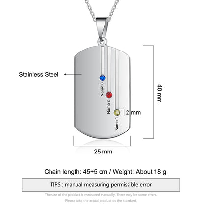 Customized Engraved Name Square Pendant Necklace Personalized 12-Month Birthstone Necklace