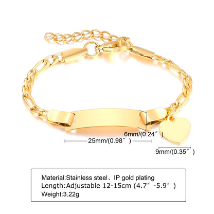 Persoanlized Custom Name Heart Bracelet,Stainless Steel Figaro Chain Link Adjustable,Engraved Gift for Boy Girl