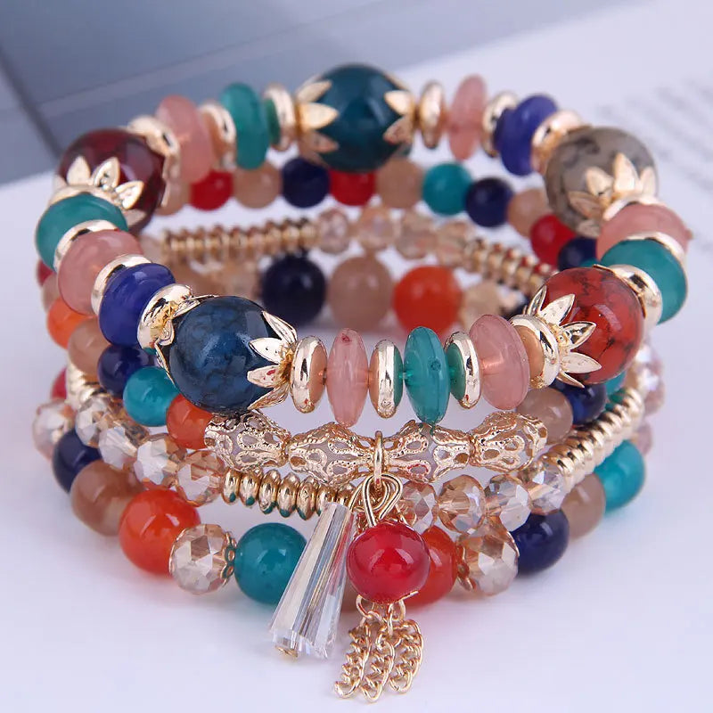 DIEZI Korean Trendy Multicolor Green Crystal Beads Rope Bracelets Women Girls Elastic Tassel Wrap Bracelet Pulseira Feminina