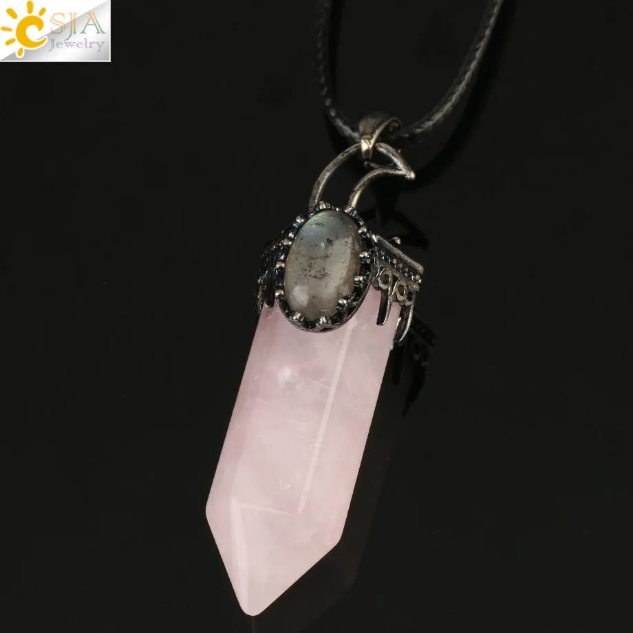 CSJA Natural Stone Crystal Pendants Semi-Precious Necklace Half Moon Pendant Antique Silver Color Hexagon Column Suspension G253