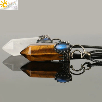 CSJA Natural Stone Crystal Pendants Semi-Precious Necklace Half Moon Pendant Antique Silver Color Hexagon Column Suspension G253