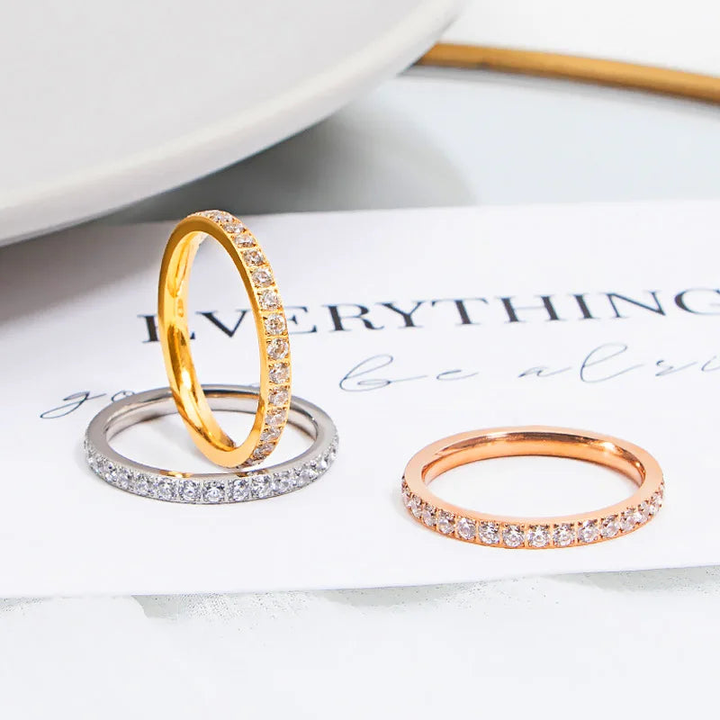 2mm Stainless Steel Stackable CZ Eternity Ring Wedding Band for Women Girl Size 5-10