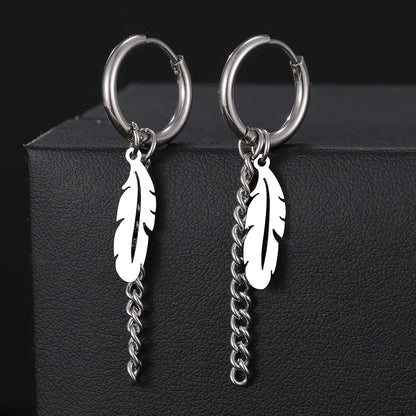Stainless Steel Earrings Fashion Unisex Punk Gothic Feather Chain Hip Hop Pendants Gold Color Earrings For Women Jewelry Gifts
