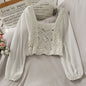 Vintage Women Thin Shirts Hollow Puff Sleeve Square Collar Slim Blouses Ladies Tops