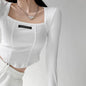 Cropped Top Women Fashion Skinny Sexy Long Sleeve T Shirts Female Casual Square Neck Tees