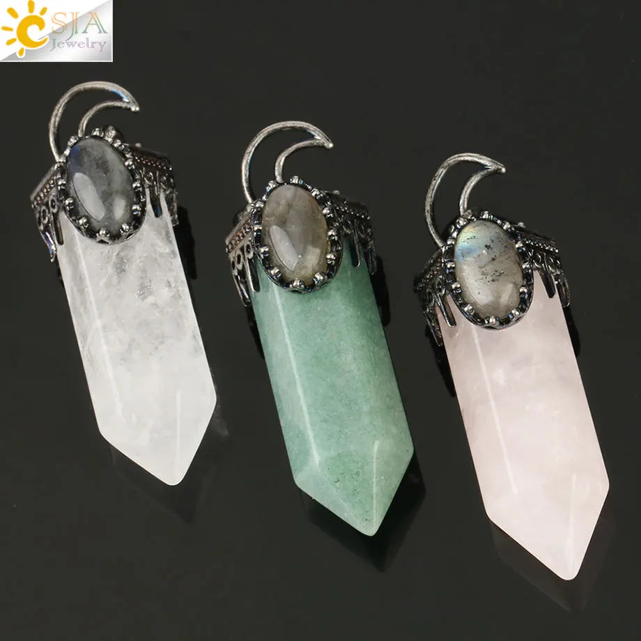CSJA Natural Stone Crystal Pendants Semi-Precious Necklace Half Moon Pendant Antique Silver Color Hexagon Column Suspension G253