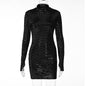 Sequins Long Sleeve Turtleneck Bodycon Slim Sexy Mini Dress Party Club Y2K