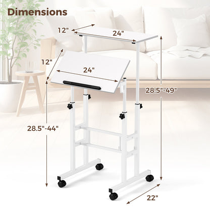 Mobile Standing Desk Height-Adjustable Laptop Cart with Split Top and Hanging Hooks