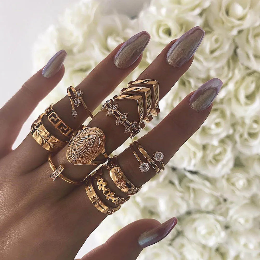 Fashion Geometric Knuckle Rings set For Women Crystal Gold color Finger Ring Boho Ladies wedding Jewelry Gift