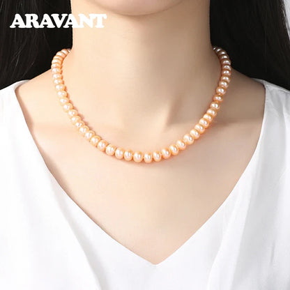 Aravant 925 Silver 8MM Freshwater Pearl Necklace Chain For Women Fashion Jewelry