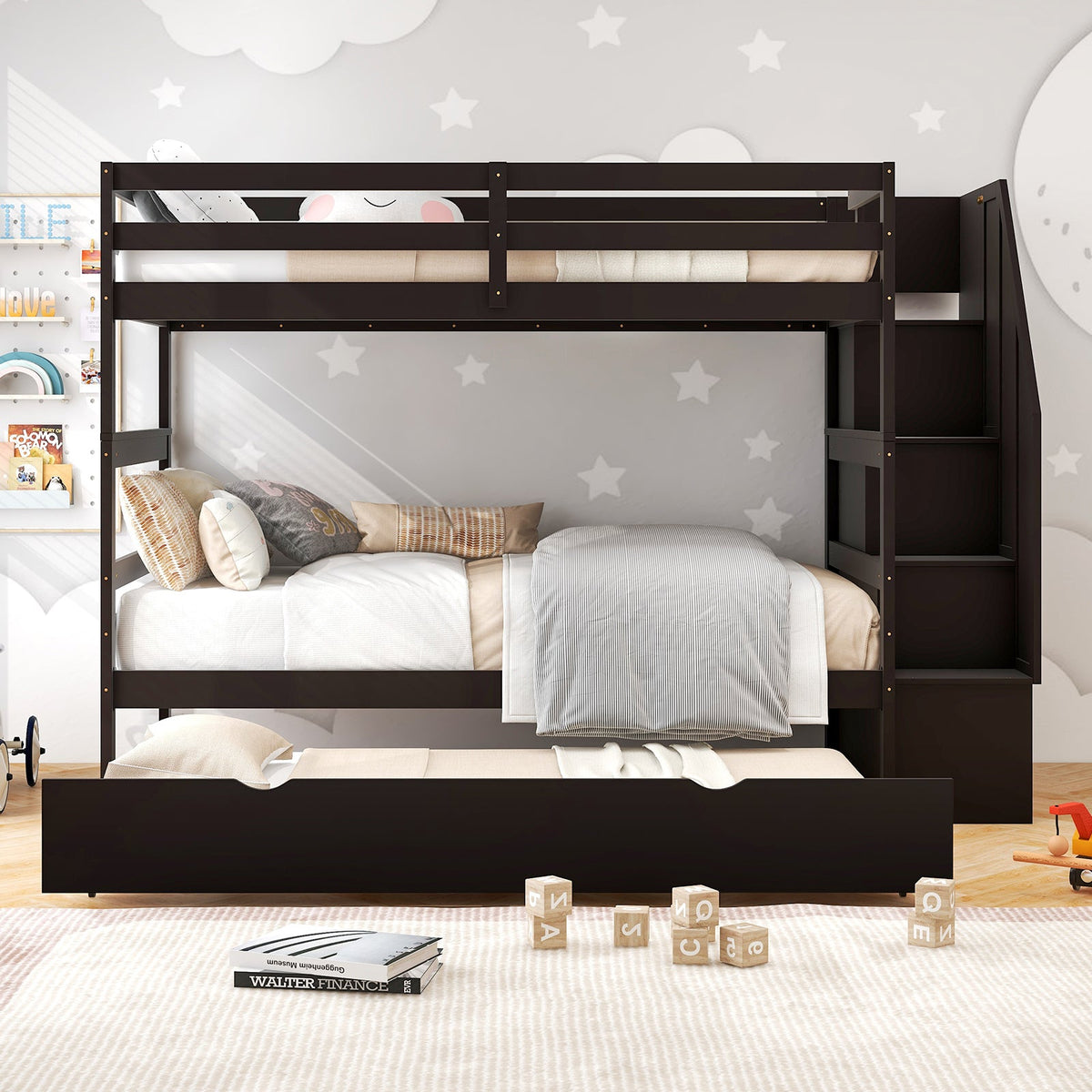 Home Wood Bunk Bed with Guard Rail and 4-step Storage Stairs No Box Spring Needed-Brown