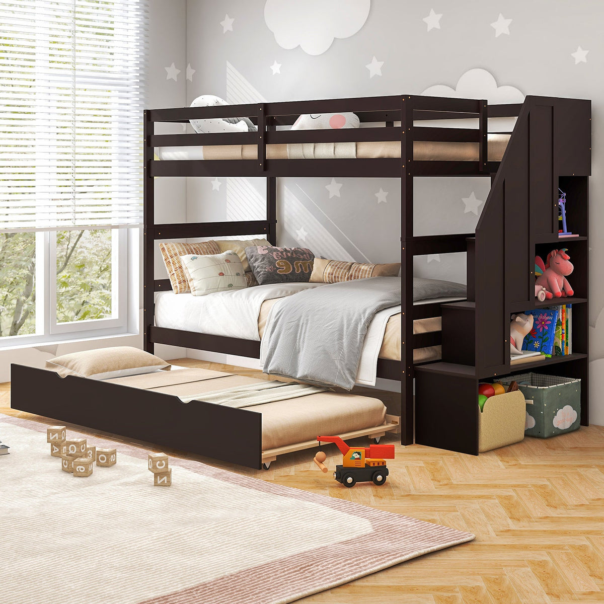 Home Wood Bunk Bed with Guard Rail and 4-step Storage Stairs No Box Spring Needed-Brown