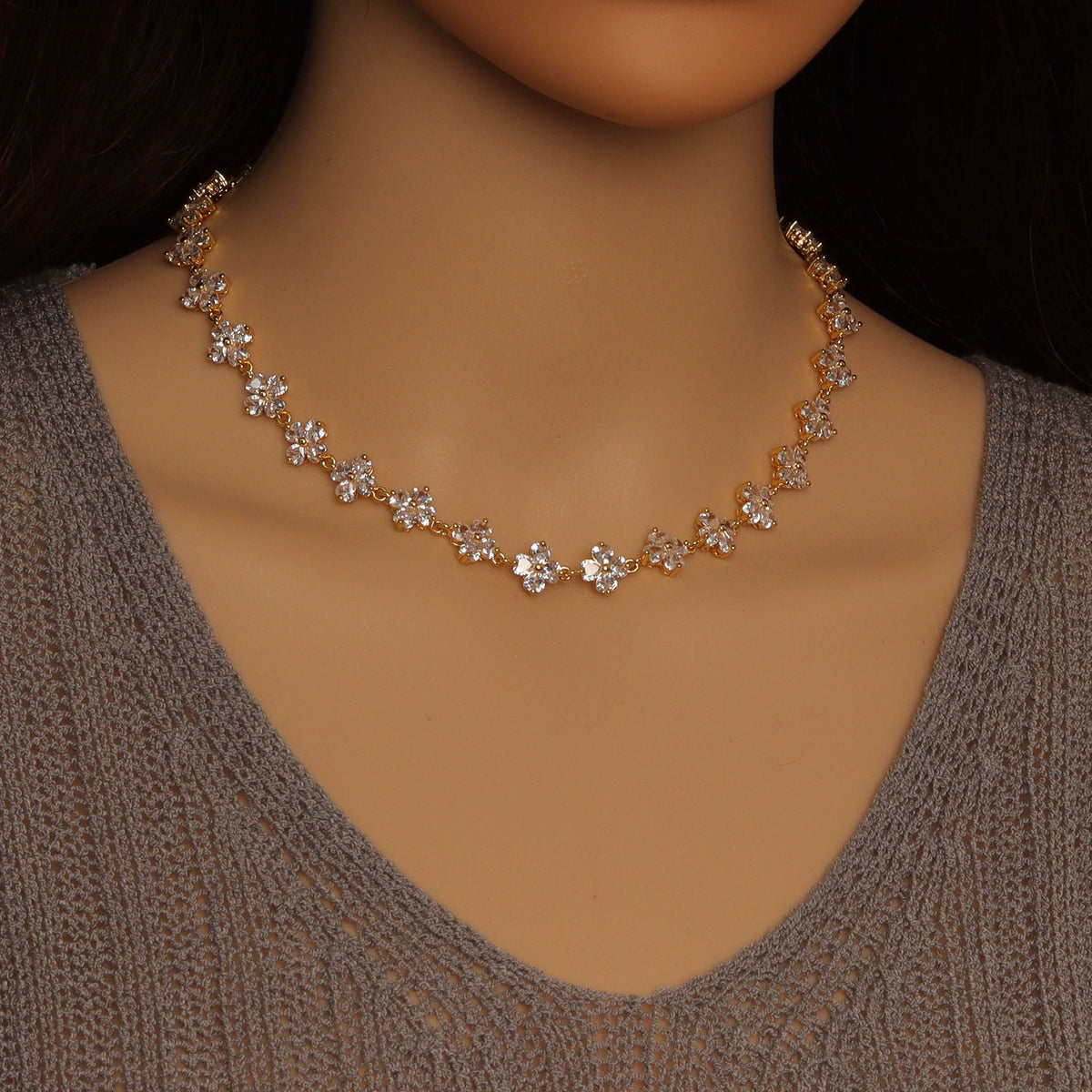 Crystal Flower Link Gold Necklace/Bracelet, Sku#LD417