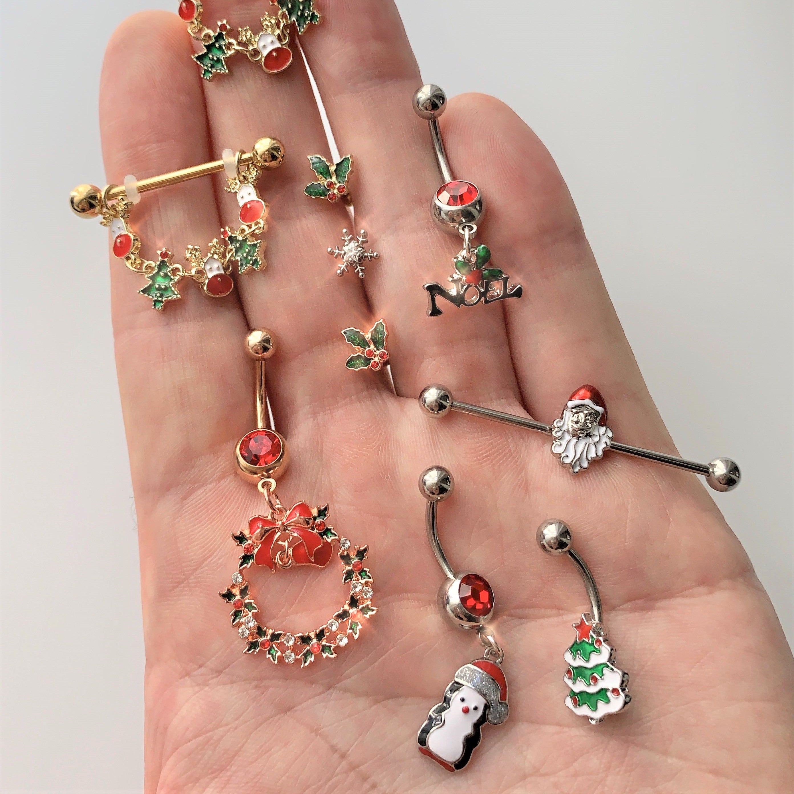 14G 9/16 Gold Tone Reindeer Christmas Tree Dangle Nipple Ring Set