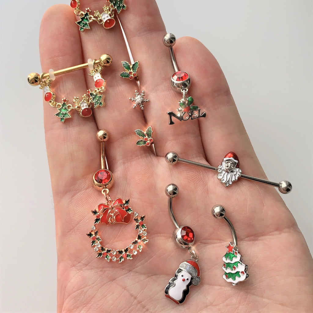 Red Gem Holiday Penguin Christmas Dangle Belly Ring