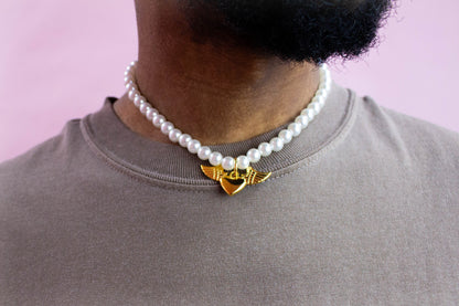 Pearly Winged Heart Charm Choker Necklace