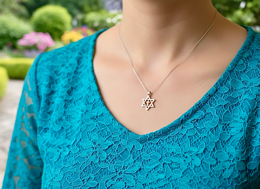 Sterling silver messianic star of david necklace with gold inlayed gold cross at the center crucifix seal of solomon