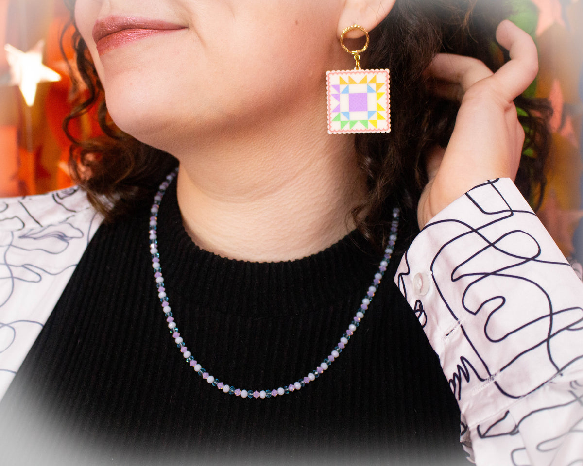 Crafty Quilt Squares Rainbow Dangle Earrings