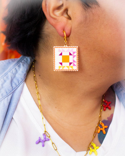 Crafty Quilt Squares Rainbow Dangle Earrings