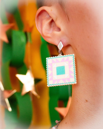 Crafty Quilt Squares Rainbow Dangle Earrings