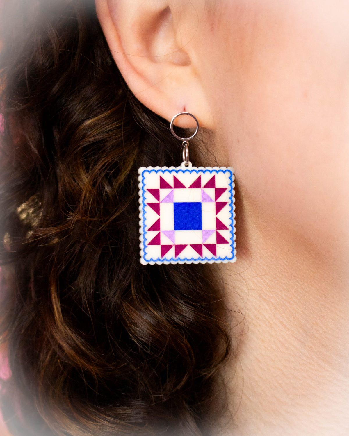 Crafty Quilt Squares Rainbow Dangle Earrings