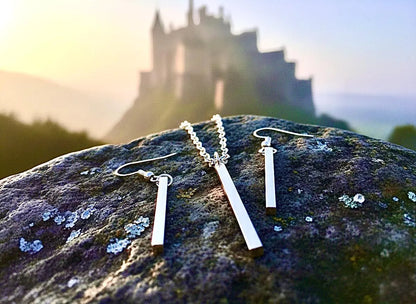 Set - Pillar Vertical Bar Earring and Necklace Set Square Bar Earrings Bar necklace Sterling Silver Bar Necklace