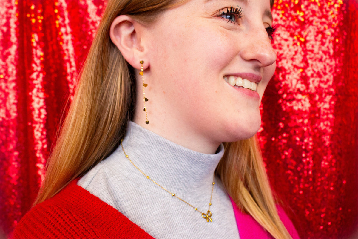 Single Thread of Gold Tied me to You-Heart Chain Earrings