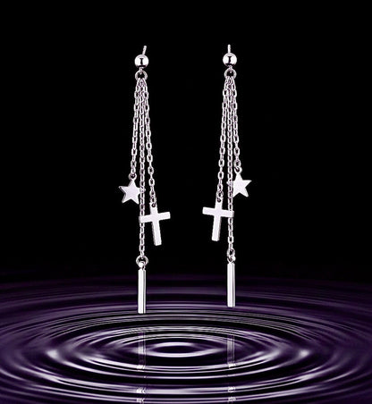 Chain Cross Star Earrings 3 Strand Silver Bohemian Dangle Long Drop Chain Boho Jesus Pendant for Women
