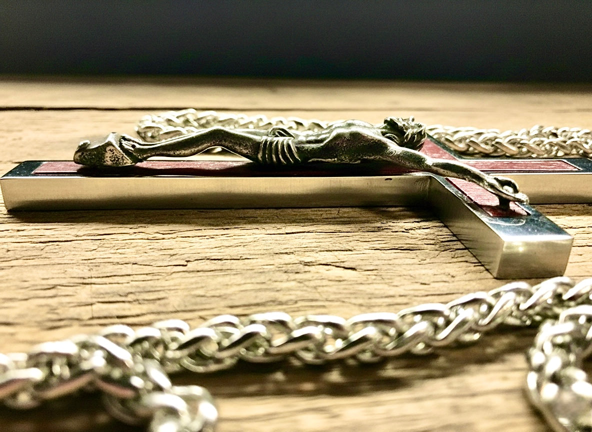 Behemoth wood inlayed crucifix cross necklace for men man women stainless steel large hypoallergenic cross 2