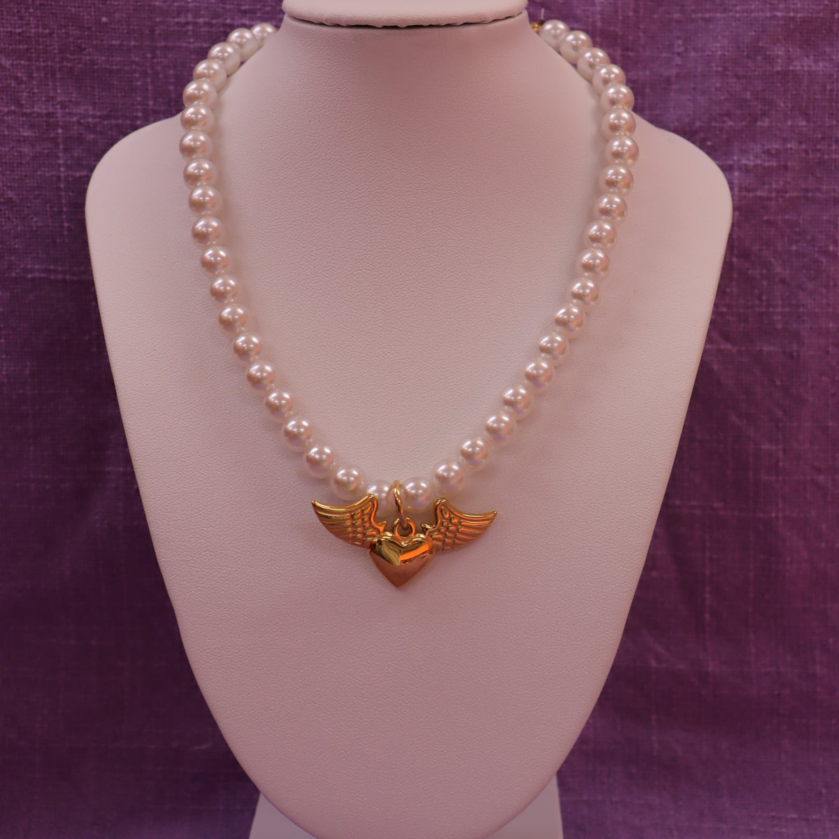 Pearly Winged Heart Charm Choker Necklace