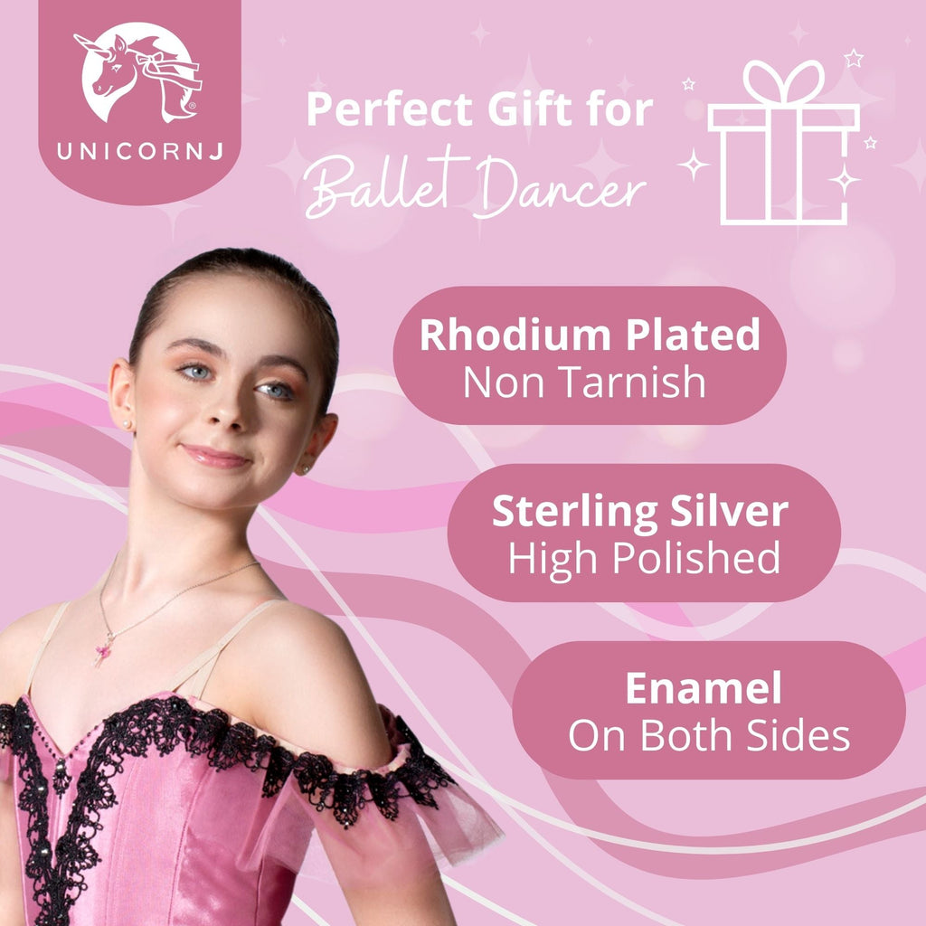 UNICORNJ Sterling Silver Ballerina Ballet Dancer Necklace for Girls Dance Recital with Enamel on Beaded Chain 15.5"