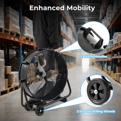 Industrial Drum Fan with 2 Wheels and 360-Degree Adjustable Tilt-Black