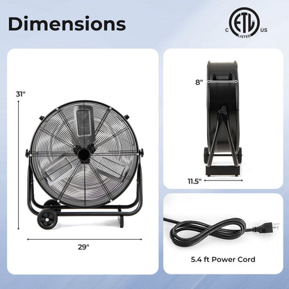 Industrial Drum Fan with 2 Wheels and 360-Degree Adjustable Tilt-Black