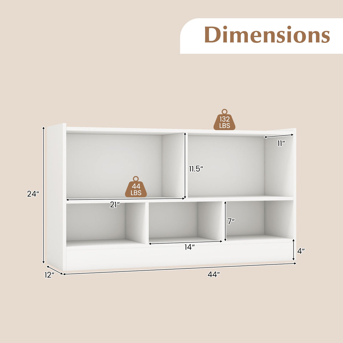 Kids 2-Shelf Bookcase 5-Cube Wood Toy Storage Cabinet Organizer-White
