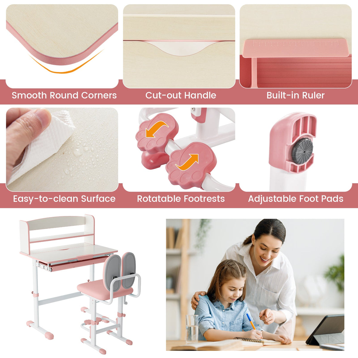 Kids Desk and Chair Set with Adjustable Height and Tilted Desktop-Pink