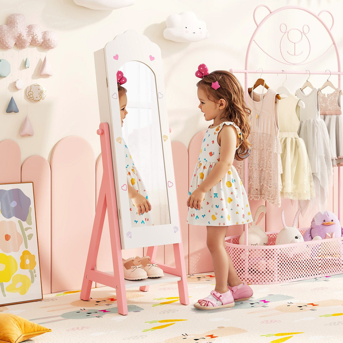 Kids Jewelry Organizer with Full Length Mirror Drawers and Storage Shelves-White