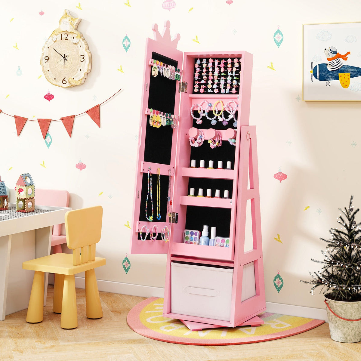 Kids Jewelry Armoire Cabinet with Large Storage Capacity and Swivel Base-Pink
