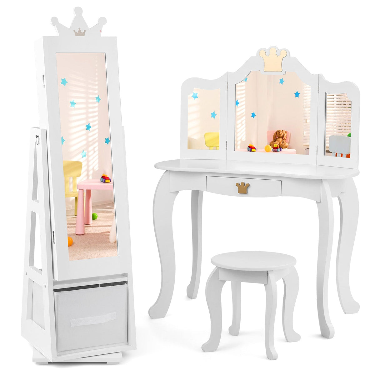 Kids Jewelry Armoire Cabinet with Large Storage Capacity and Swivel Base-White