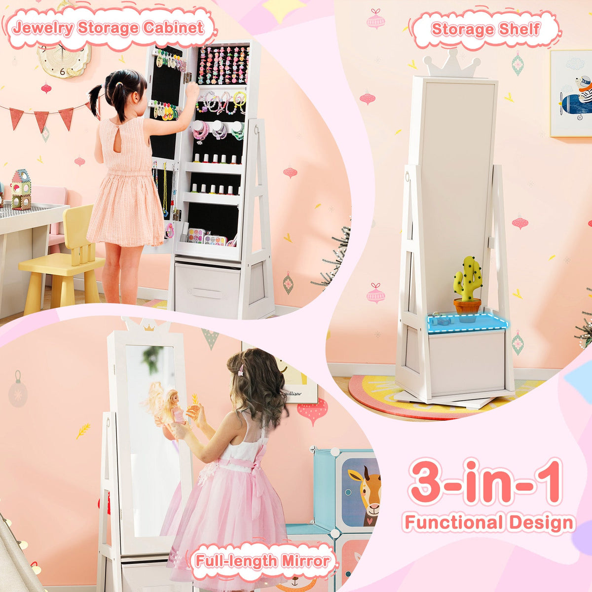 Kids Jewelry Armoire Cabinet with Large Storage Capacity and Swivel Base-White