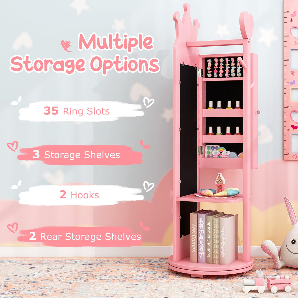 Kids Room Furniture Set Princess Vanity Table and Stool Set with Mirror and Drawer-Pink