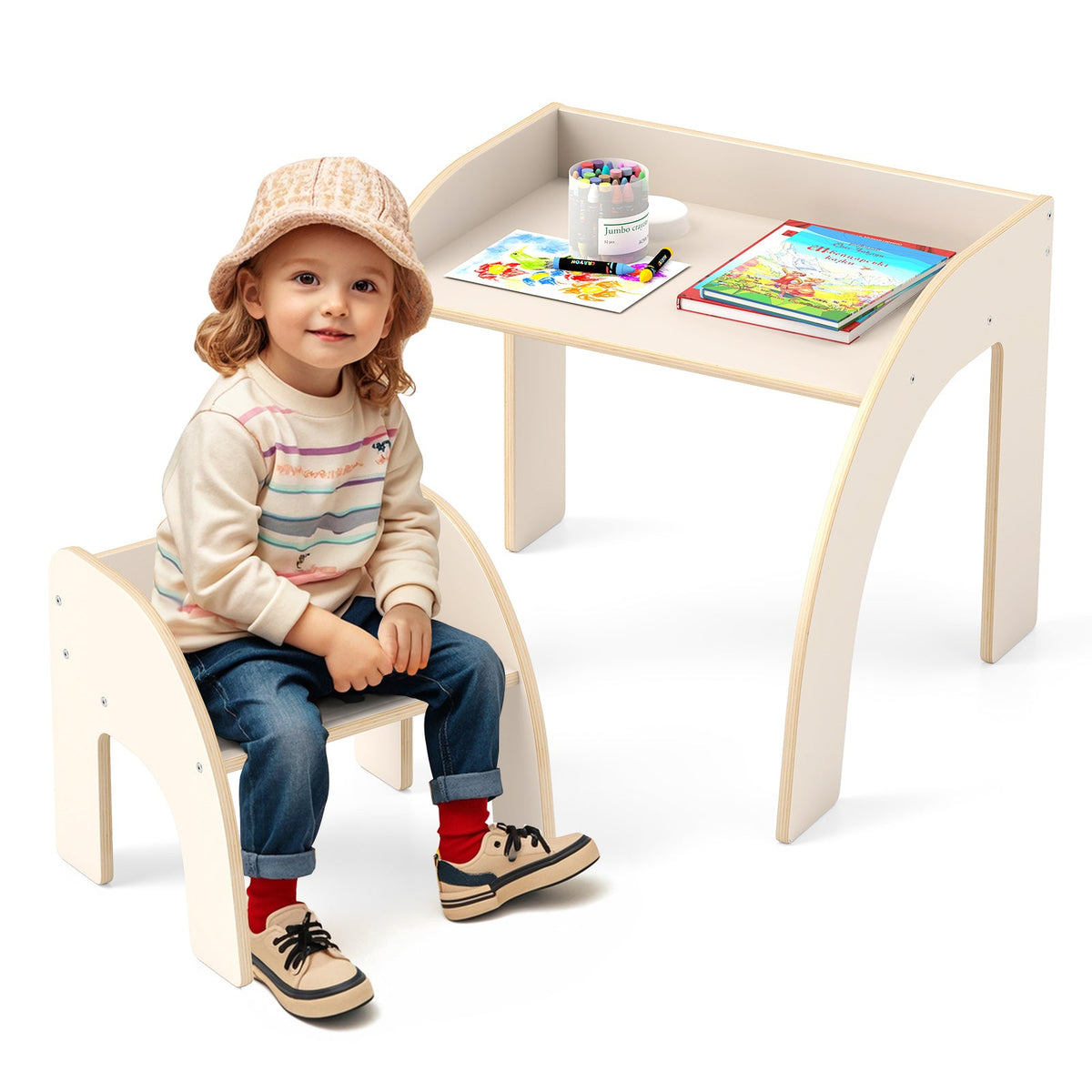 Kids Table and Chair Set with Wide Tabletop and Curved Edges for Kids Room-White