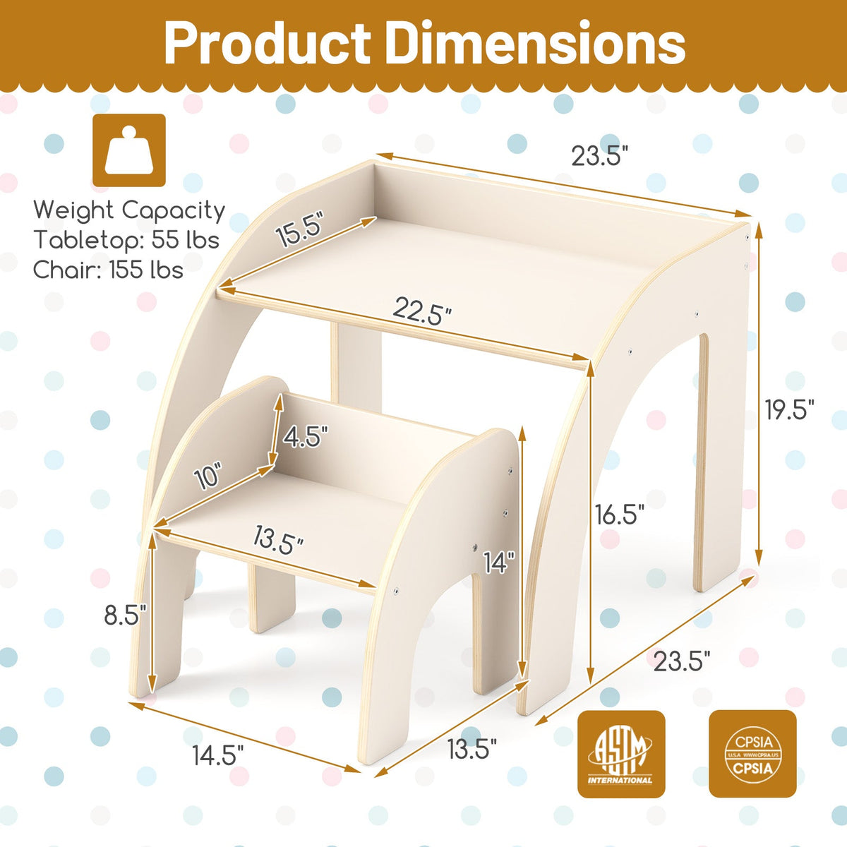 Kids Table and Chair Set with Wide Tabletop and Curved Edges for Kids Room-White